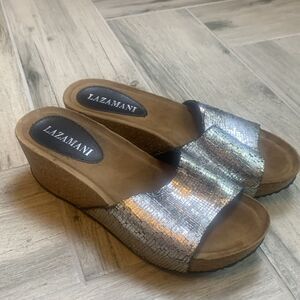 Lazamani Women's Silver Glitter Slip-On Platform Wedge Sandal Size 38